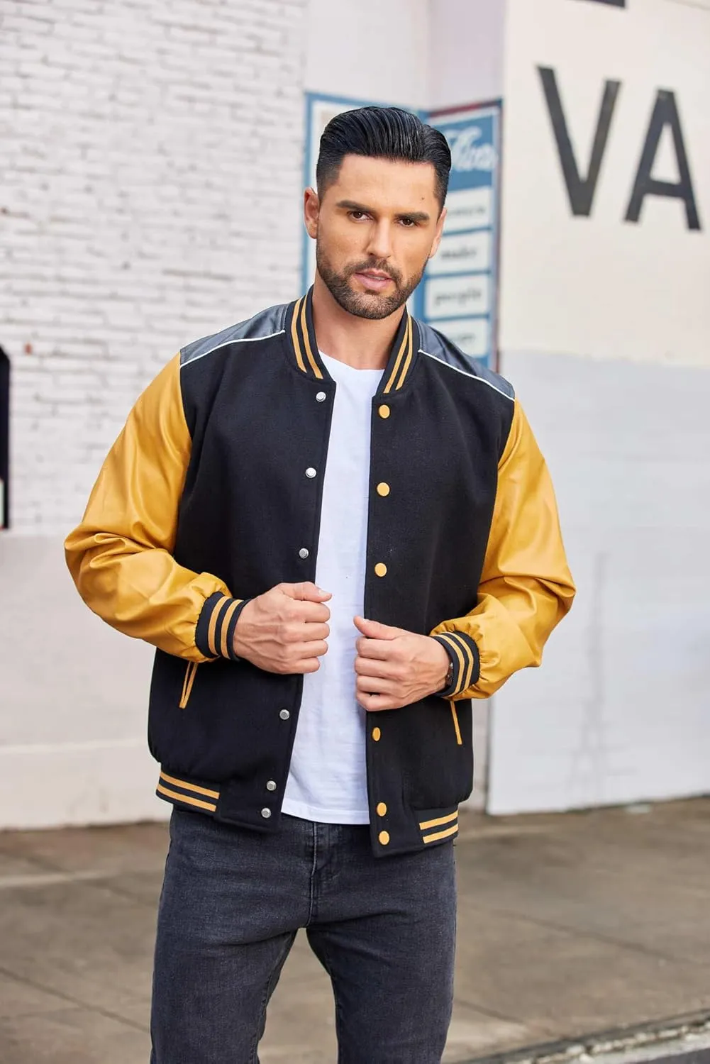 COOFANDY Mens Varsity Jacket Casual Leather Sleeve Baseball Letterman Bomber Jacket Coat
