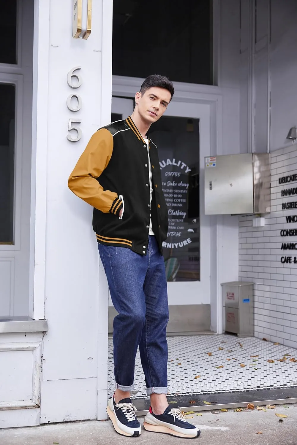 COOFANDY Mens Varsity Jacket Casual Leather Sleeve Baseball Letterman Bomber Jacket Coat