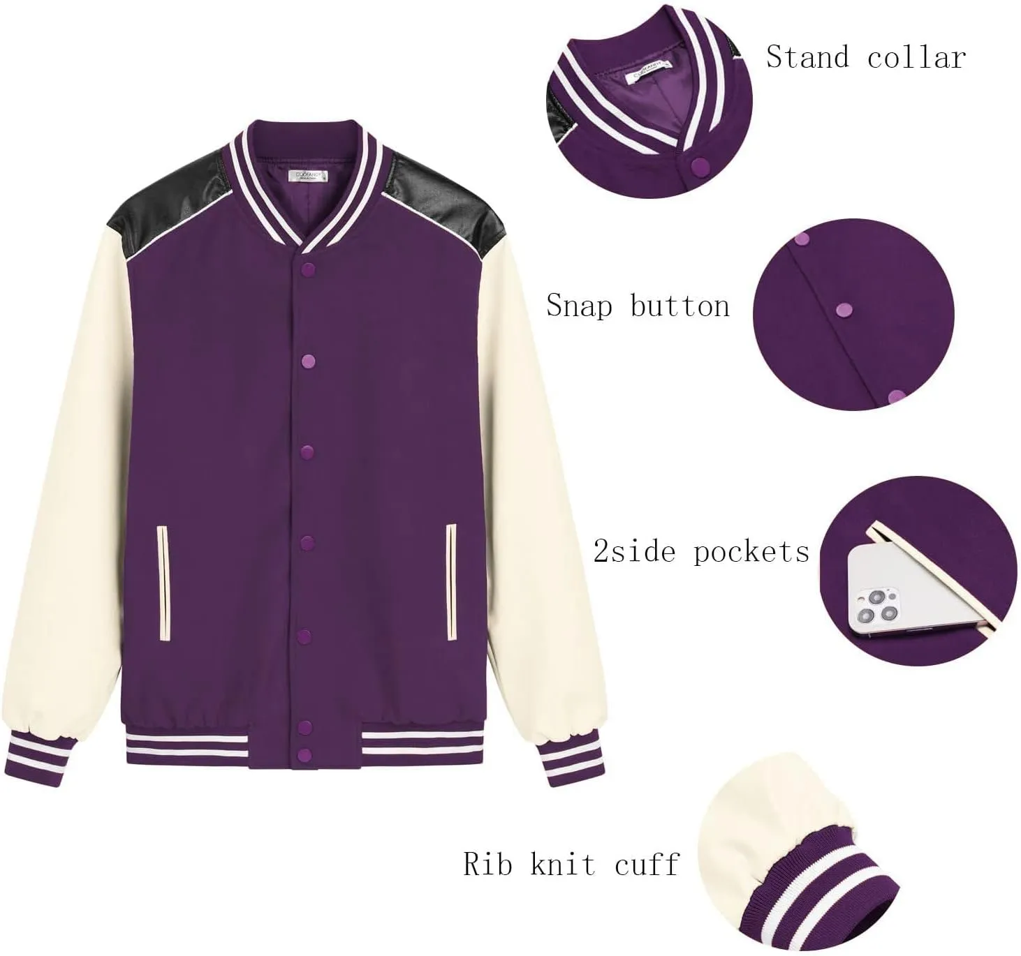 COOFANDY Mens Varsity Jacket Casual Leather Sleeve Baseball Letterman Bomber Jacket Coat