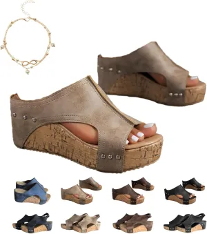 Cork Wedge Sandals for Women, Cork Platform Sandals, Thick Sole Comfy Leather Wedge Non-slip Summer Slippers