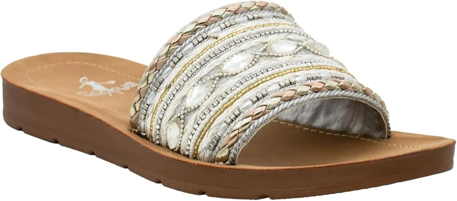 Corkys Footwear Vacation Mode Sandal - Comfortable and Soft Insole Designed for All-Day Wear, Chic and Stylish Raffia Woven Strap With Gems and Metal Accents