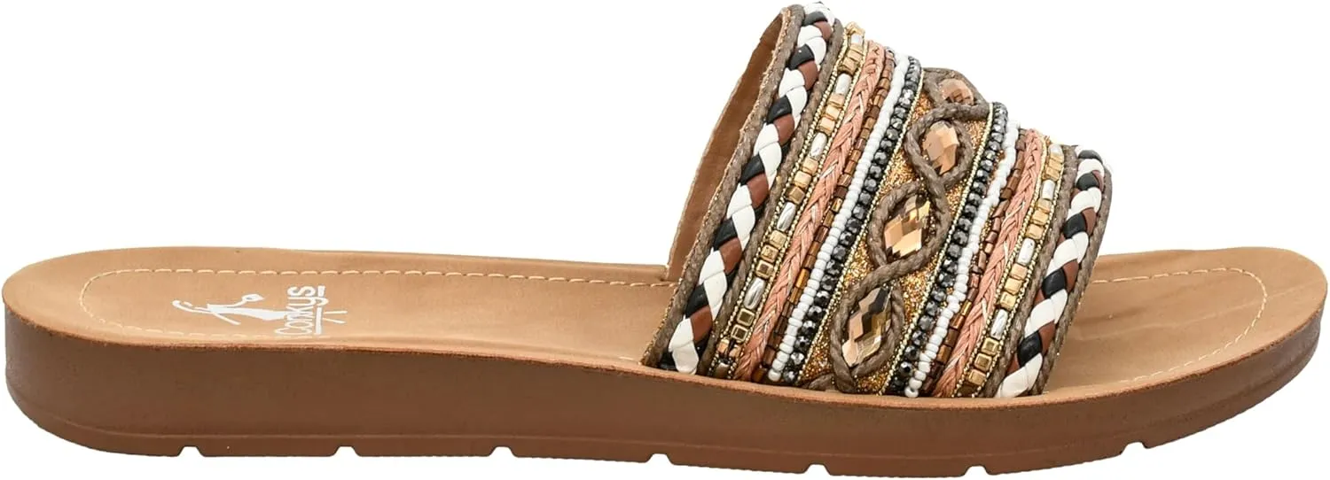 Corkys Footwear Vacation Mode Sandal - Comfortable and Soft Insole Designed for All-Day Wear, Chic and Stylish Raffia Woven Strap With Gems and Metal Accents