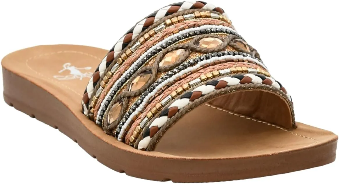 Corkys Footwear Vacation Mode Sandal - Comfortable and Soft Insole Designed for All-Day Wear, Chic and Stylish Raffia Woven Strap With Gems and Metal Accents