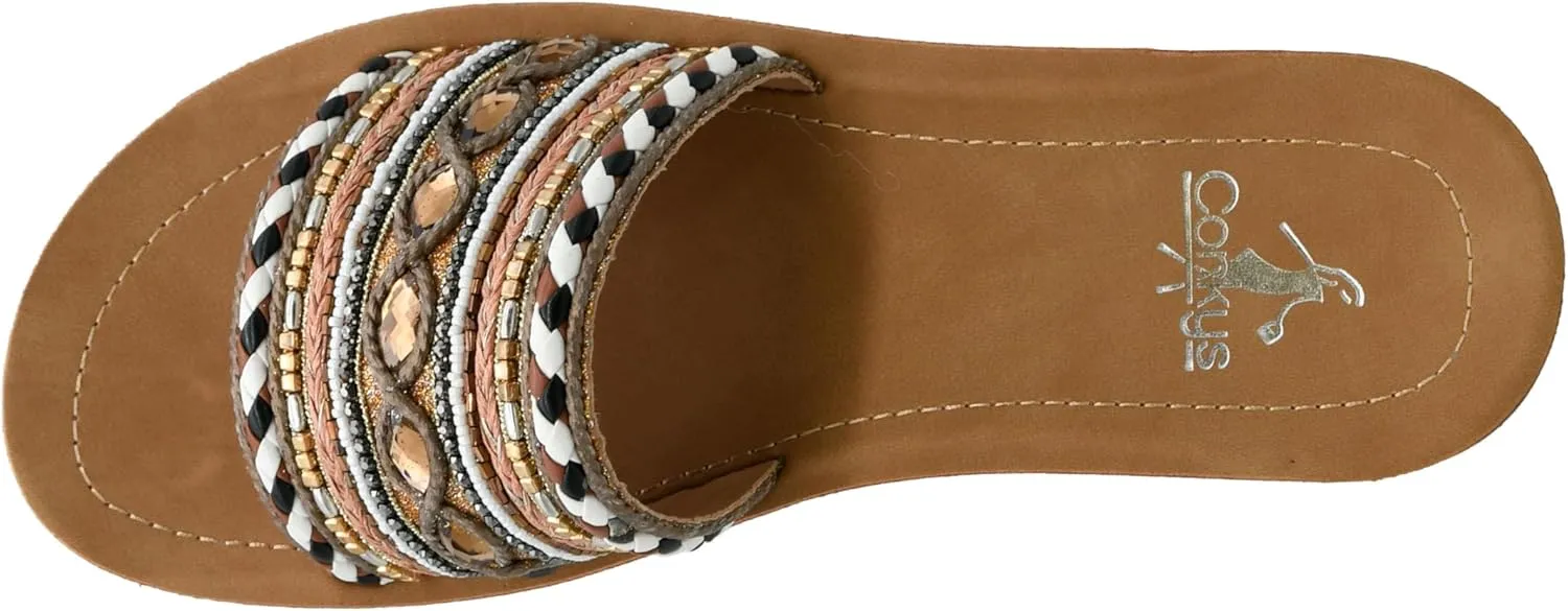 Corkys Footwear Vacation Mode Sandal - Comfortable and Soft Insole Designed for All-Day Wear, Chic and Stylish Raffia Woven Strap With Gems and Metal Accents