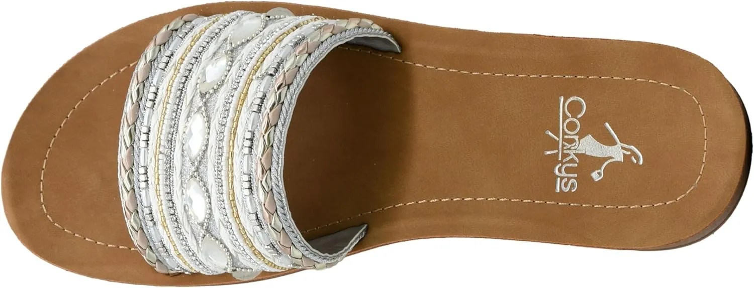 Corkys Footwear Vacation Mode Sandal - Comfortable and Soft Insole Designed for All-Day Wear, Chic and Stylish Raffia Woven Strap With Gems and Metal Accents