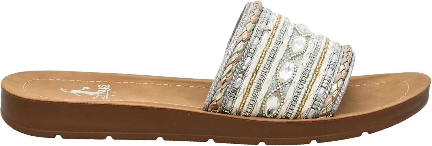 Corkys Footwear Vacation Mode Sandal - Comfortable and Soft Insole Designed for All-Day Wear, Chic and Stylish Raffia Woven Strap With Gems and Metal Accents