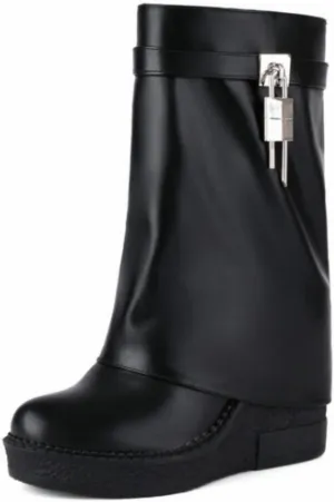 CORNMOOD Women Fold Over Shark Boots Wide Mid-calf Boots Platform Wedge Heel Almond Toe Faux Leather Pull On Short Booties with Padlock