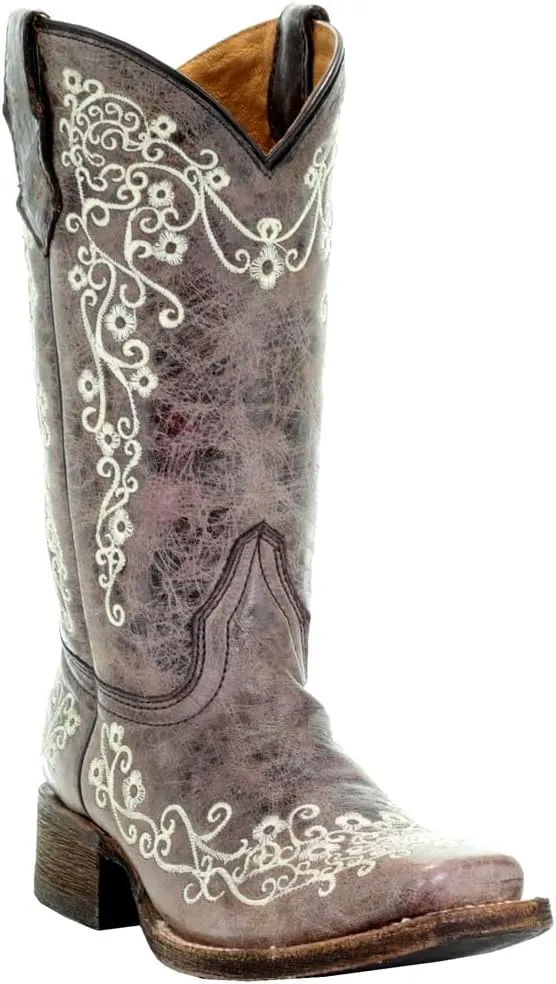 Corral Boots Kids Girls Floral Tooled Inlay Square Toe Casual Boots Mid Calf - Brown