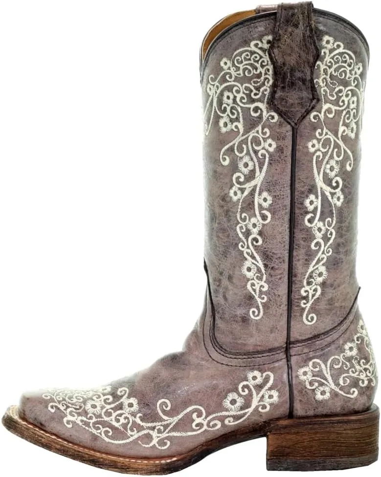 Corral Boots Kids Girls Floral Tooled Inlay Square Toe Casual Boots Mid Calf - Brown