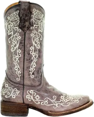 Corral Boots Kids Girls Floral Tooled Inlay Square Toe Casual Boots Mid Calf - Brown