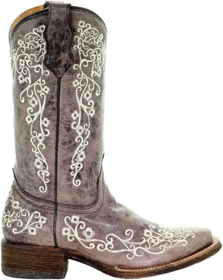 Corral Boots Kids Girls Floral Tooled Inlay Square Toe Casual Boots Mid Calf - Brown