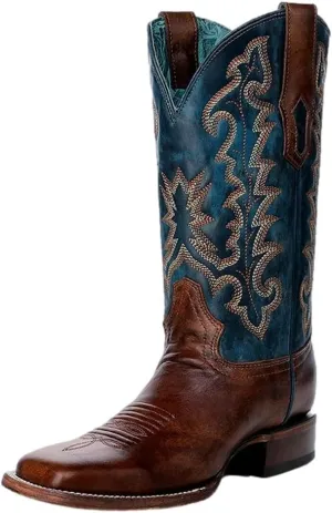 CORRAL LADIE'S TAN/BLUE EMBROIDERY WIDE SQ. TOE, LEATHER SOLE, COWHIDE LEATHER, WESTERN BOOT, A4668