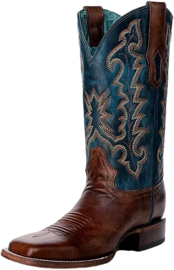CORRAL LADIE'S TAN/BLUE EMBROIDERY WIDE SQ. TOE, LEATHER SOLE, COWHIDE LEATHER, WESTERN BOOT, A4668