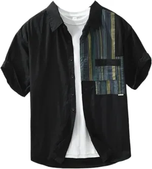 Cotton Stripe Patchwork Vintage Streetwear Shirt for Men Summer Classical Short Sleeve Blouse Male