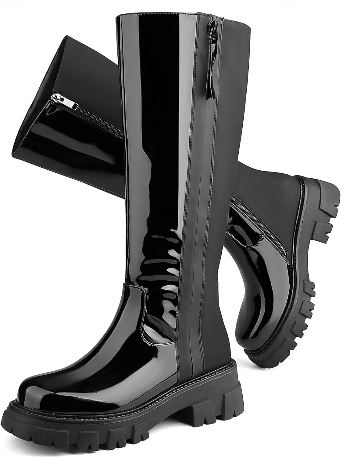 CouieCuies Women's Knee High Boots Wide Calf Black Patchwork Platform Boots Chunky Heel Riding Boots Costume Zipper