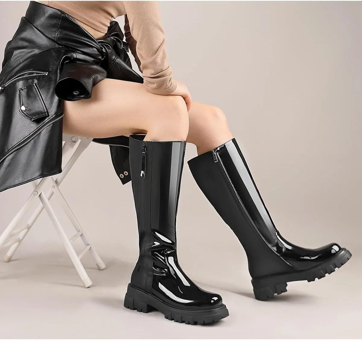 CouieCuies Women's Knee High Boots Wide Calf Black Patchwork Platform Boots Chunky Heel Riding Boots Costume Zipper