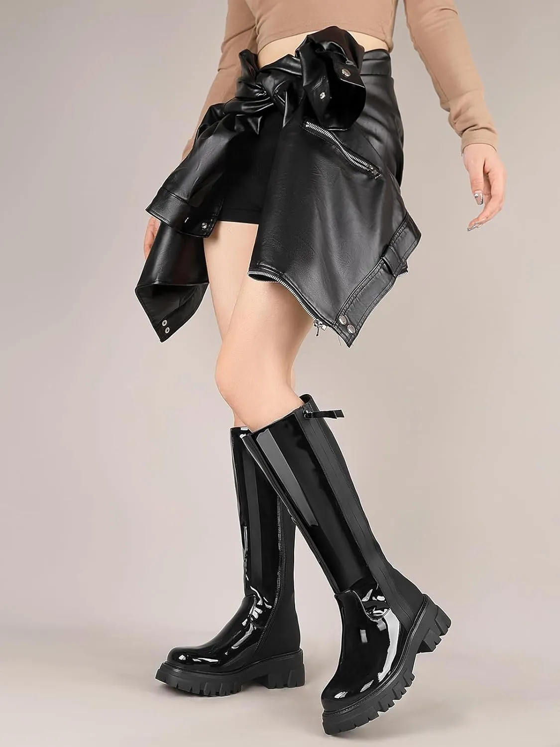 CouieCuies Women's Knee High Boots Wide Calf Black Patchwork Platform Boots Chunky Heel Riding Boots Costume Zipper