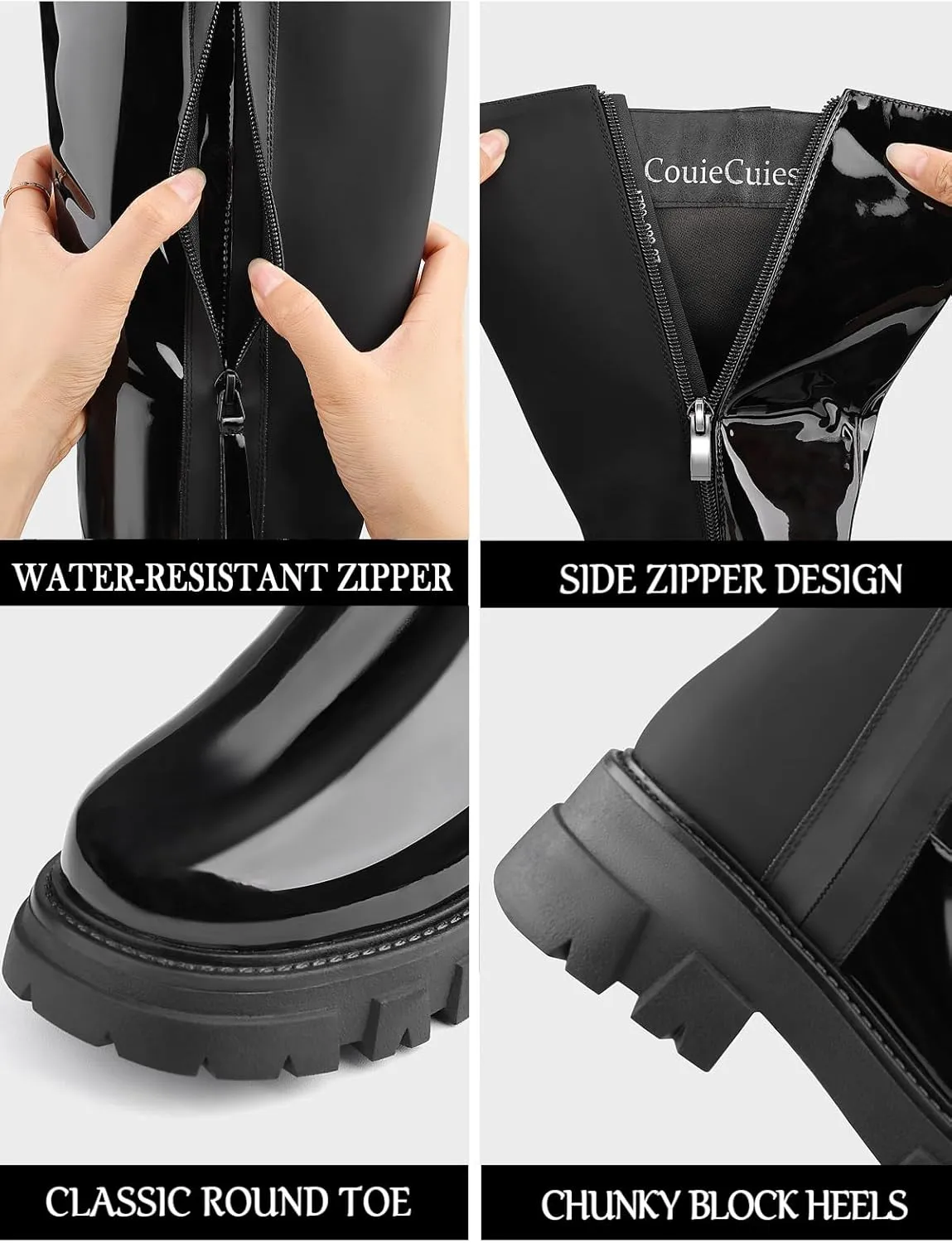 CouieCuies Women's Knee High Boots Wide Calf Black Patchwork Platform Boots Chunky Heel Riding Boots Costume Zipper
