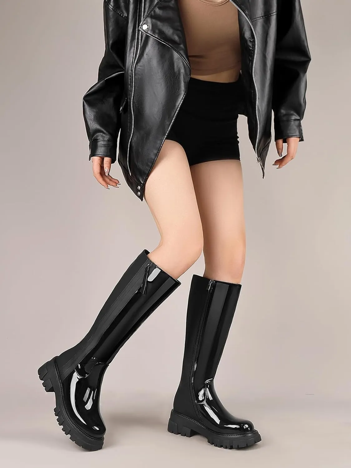 CouieCuies Women's Knee High Boots Wide Calf Black Patchwork Platform Boots Chunky Heel Riding Boots Costume Zipper
