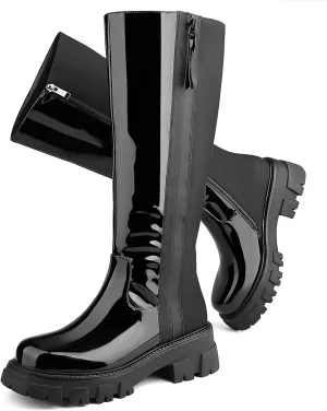 CouieCuies Women's Knee High Boots Wide Calf Black Patchwork Platform Boots Chunky Heel Riding Boots Costume Zipper