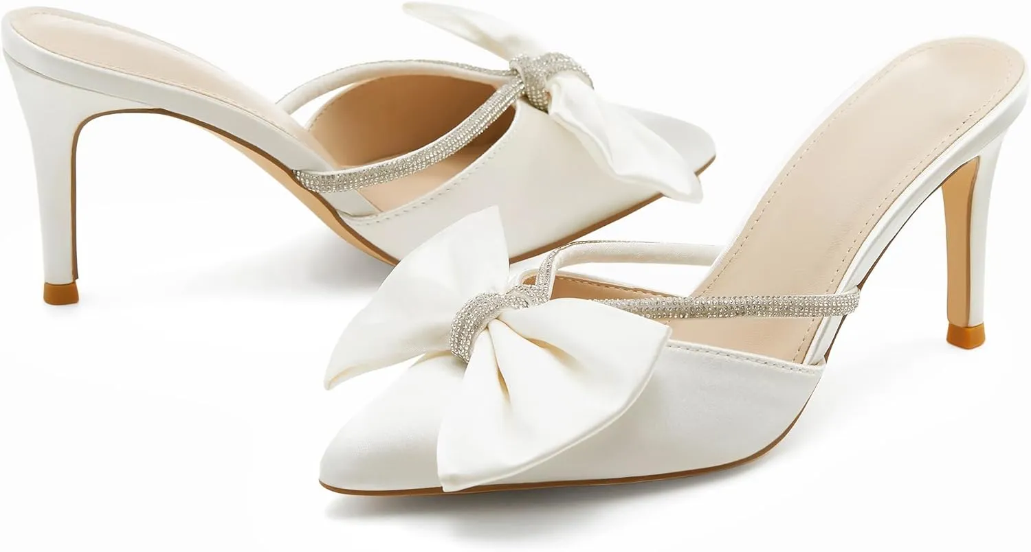 Coutgo Womens Bow Heels Mules Pointed Closed Toe Sandals Rhinestone Satin Backless Wedding Shoes