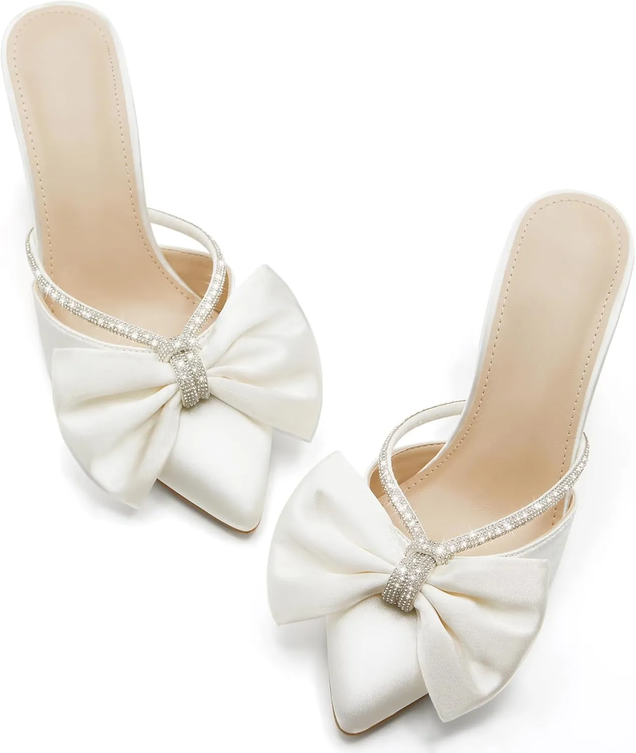 Coutgo Womens Bow Heels Mules Pointed Closed Toe Sandals Rhinestone Satin Backless Wedding Shoes