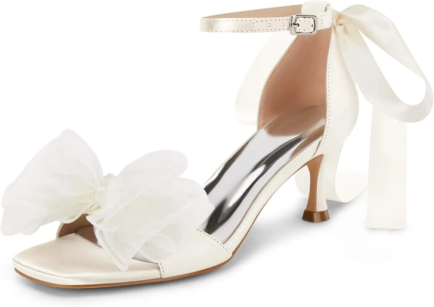 Coutgo Womens Bow Kitten Heels Sandals Square Open Toe Ankle Strap Satin Ribbon Wedding Dress Shoes