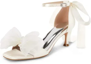 Coutgo Womens Bow Kitten Heels Sandals Square Open Toe Ankle Strap Satin Ribbon Wedding Dress Shoes