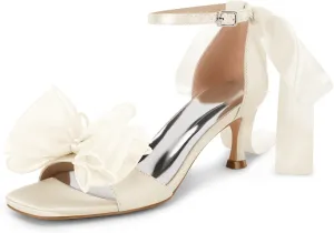 Coutgo Womens Bow Kitten Heels Sandals Square Open Toe Ankle Strap Satin Ribbon Wedding Dress Shoes