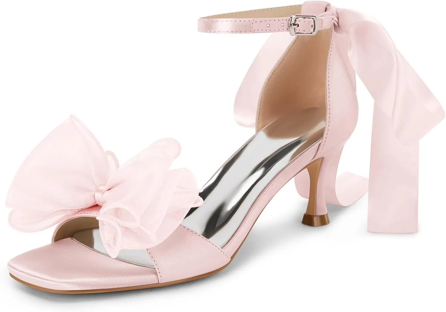 Coutgo Womens Bow Kitten Heels Sandals Square Open Toe Ankle Strap Satin Ribbon Wedding Dress Shoes