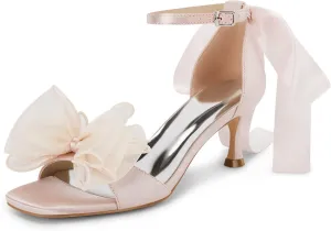 Coutgo Womens Bow Kitten Heels Sandals Square Open Toe Ankle Strap Satin Ribbon Wedding Dress Shoes