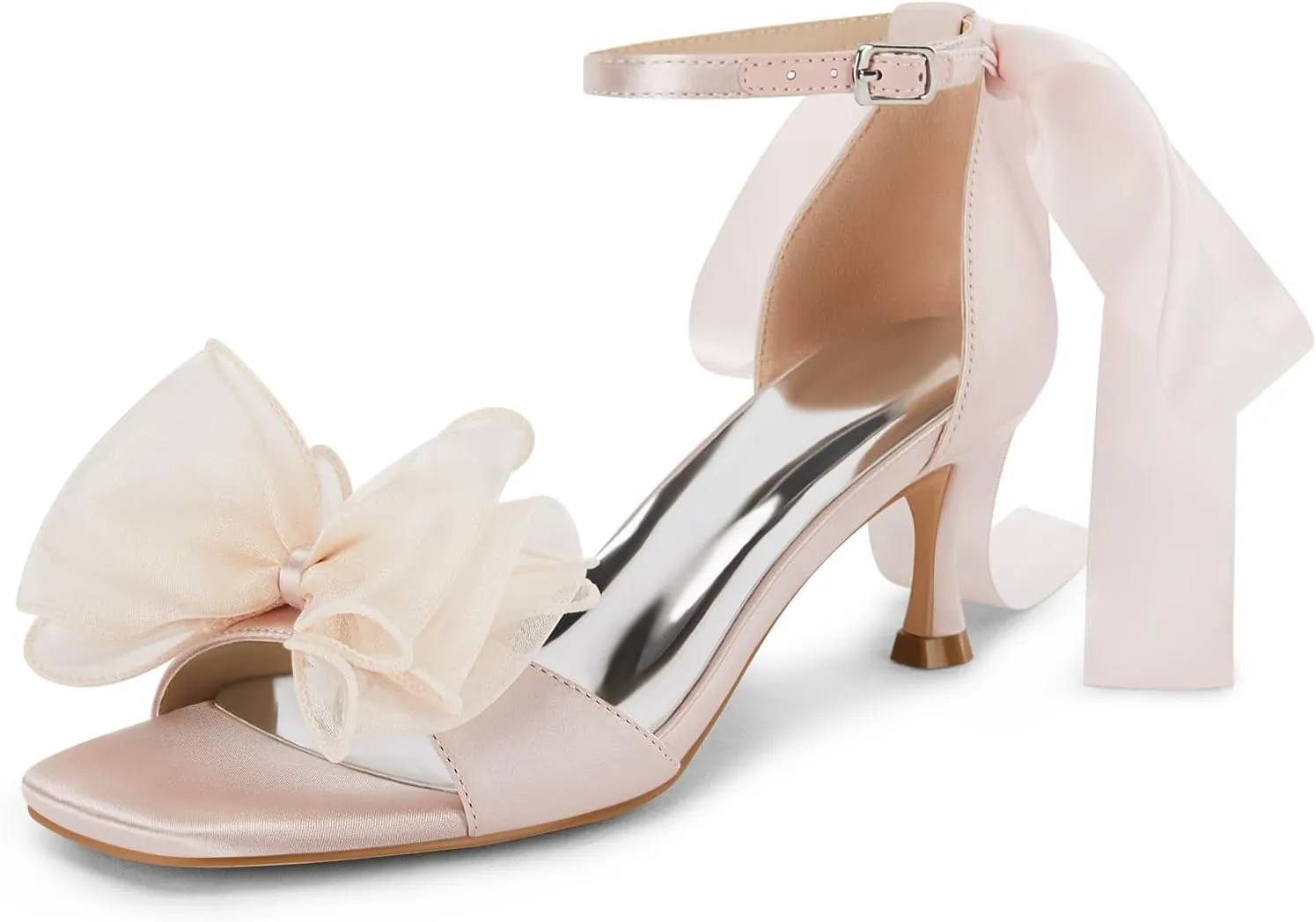 Coutgo Womens Bow Kitten Heels Sandals Square Open Toe Ankle Strap Satin Ribbon Wedding Dress Shoes