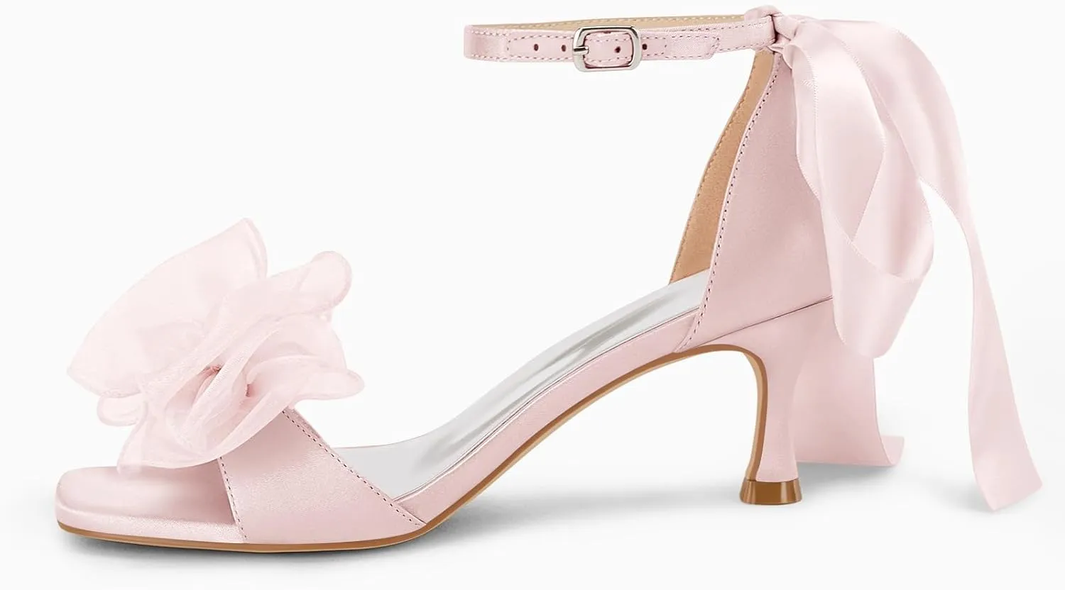 Coutgo Womens Bow Kitten Heels Sandals Square Open Toe Ankle Strap Satin Ribbon Wedding Dress Shoes