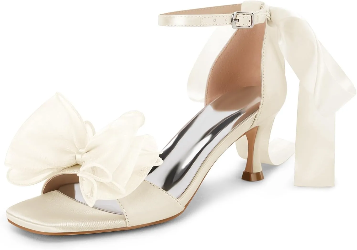 Coutgo Womens Bow Kitten Heels Sandals Square Open Toe Ankle Strap Satin Ribbon Wedding Dress Shoes