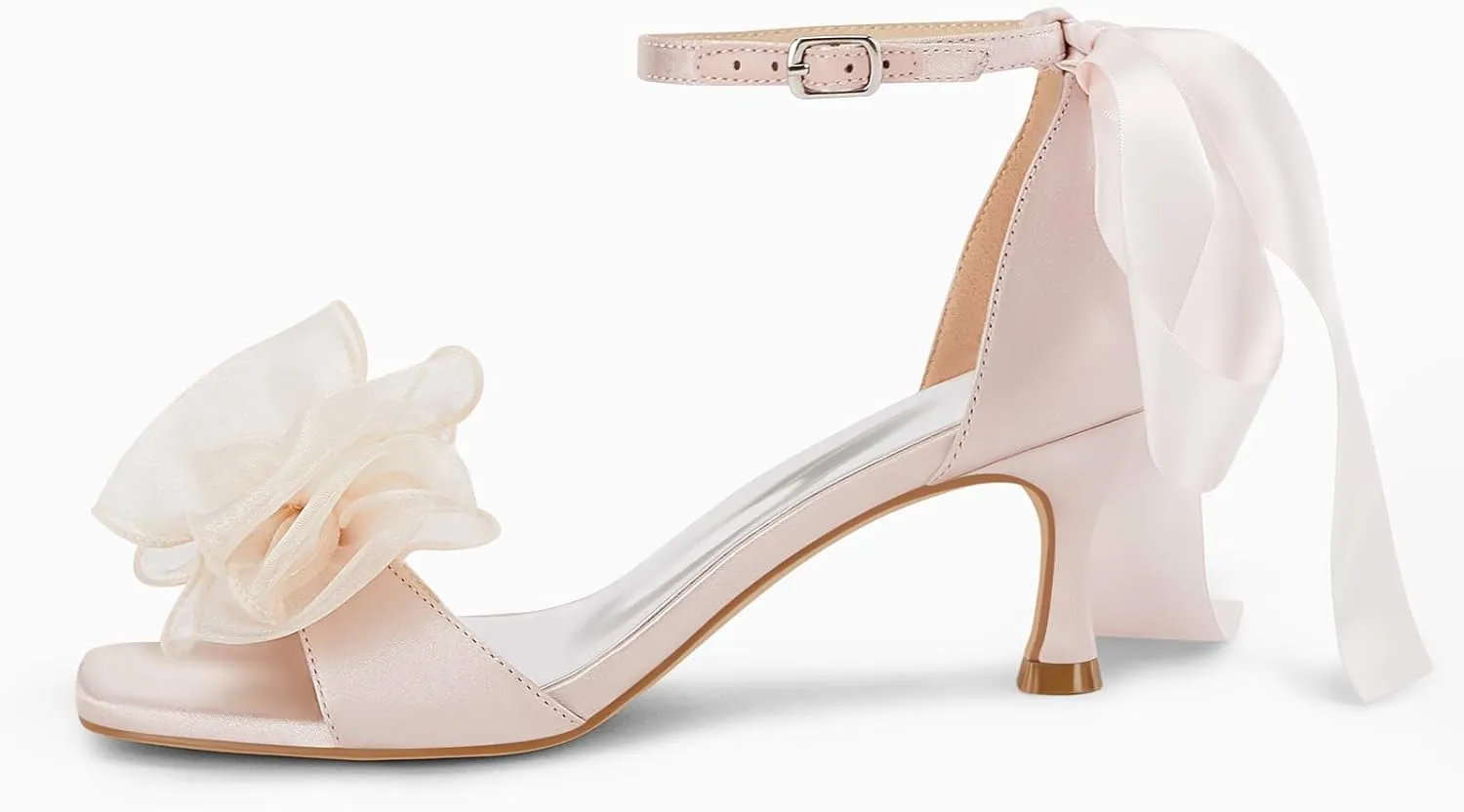 Coutgo Womens Bow Kitten Heels Sandals Square Open Toe Ankle Strap Satin Ribbon Wedding Dress Shoes