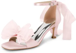 Coutgo Womens Bow Kitten Heels Sandals Square Open Toe Ankle Strap Satin Ribbon Wedding Dress Shoes