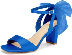 Coutgo Women's Bow Tie Heeled Sandals Chunky Heels One Strap Satin Ankle Buckle Dress Wedding Shoes