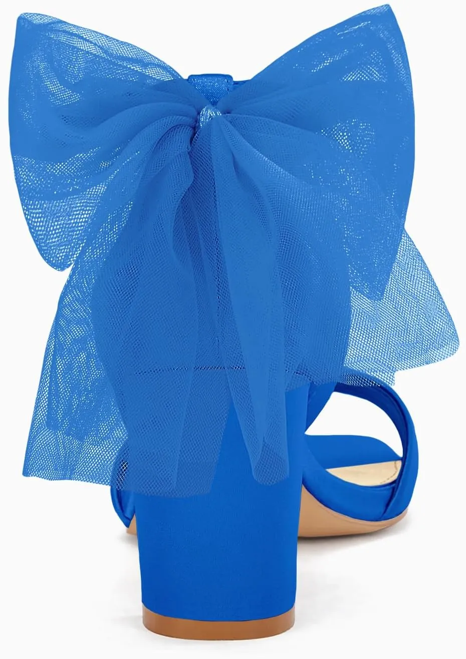 Coutgo Women's Bow Tie Heeled Sandals Chunky Heels One Strap Satin Ankle Buckle Dress Wedding Shoes