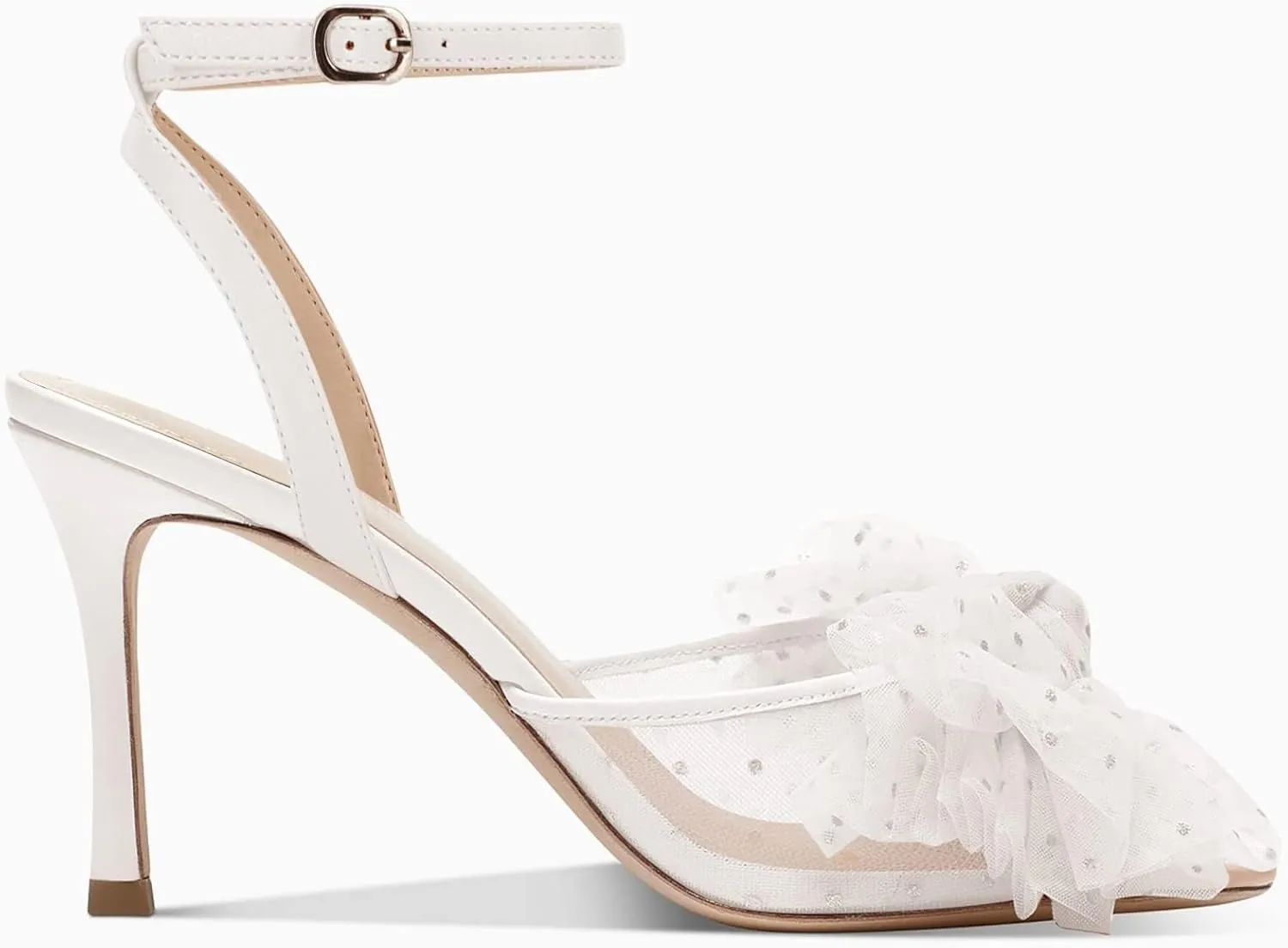 Coutgo Womens Bow Tie Heels Sandals Slingback Peep Toe Wedding Heels Mesh High Stiletto Heel Summer Cute Wedding Bridal Shoes