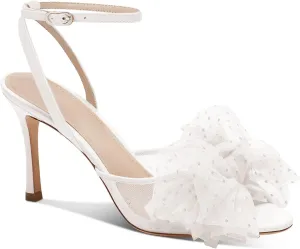 Coutgo Womens Bow Tie Heels Sandals Slingback Peep Toe Wedding Heels Mesh High Stiletto Heel Summer Cute Wedding Bridal Shoes