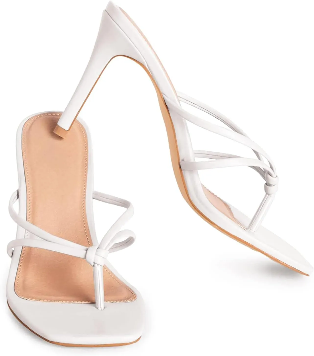 Coutgo Womens Heeded Sandals Strappy Square Toe Flip Flops Fashion Thong Slip On Stiletto Sandals