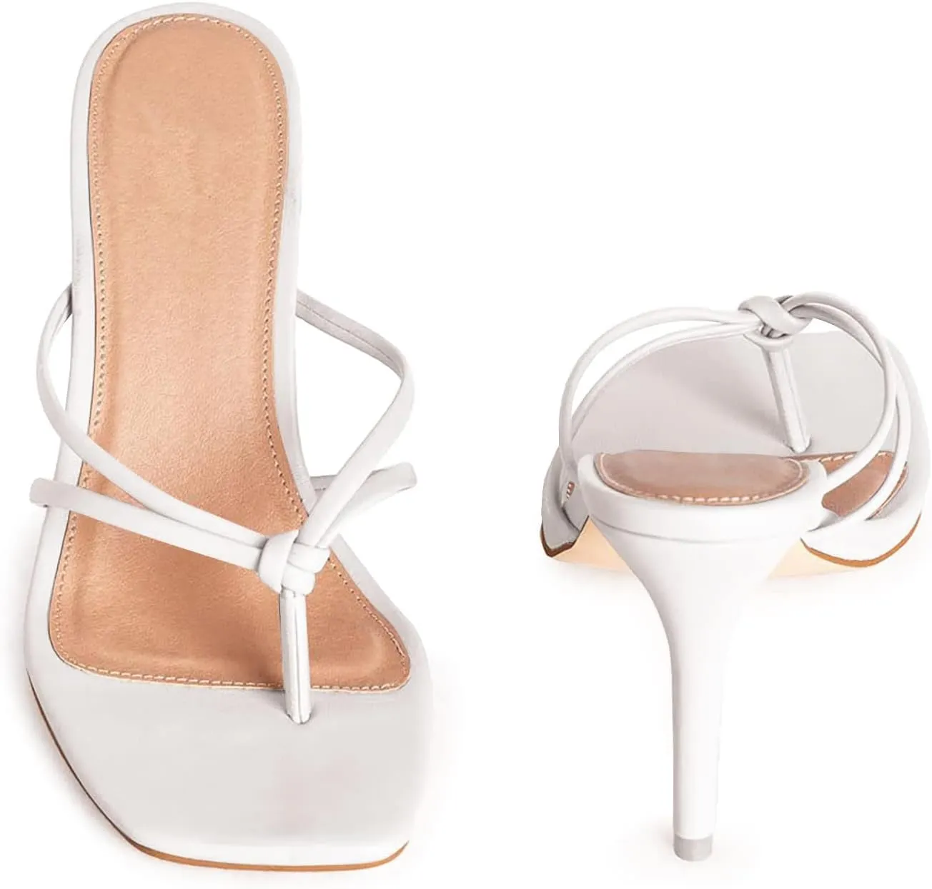 Coutgo Womens Heeded Sandals Strappy Square Toe Flip Flops Fashion Thong Slip On Stiletto Sandals