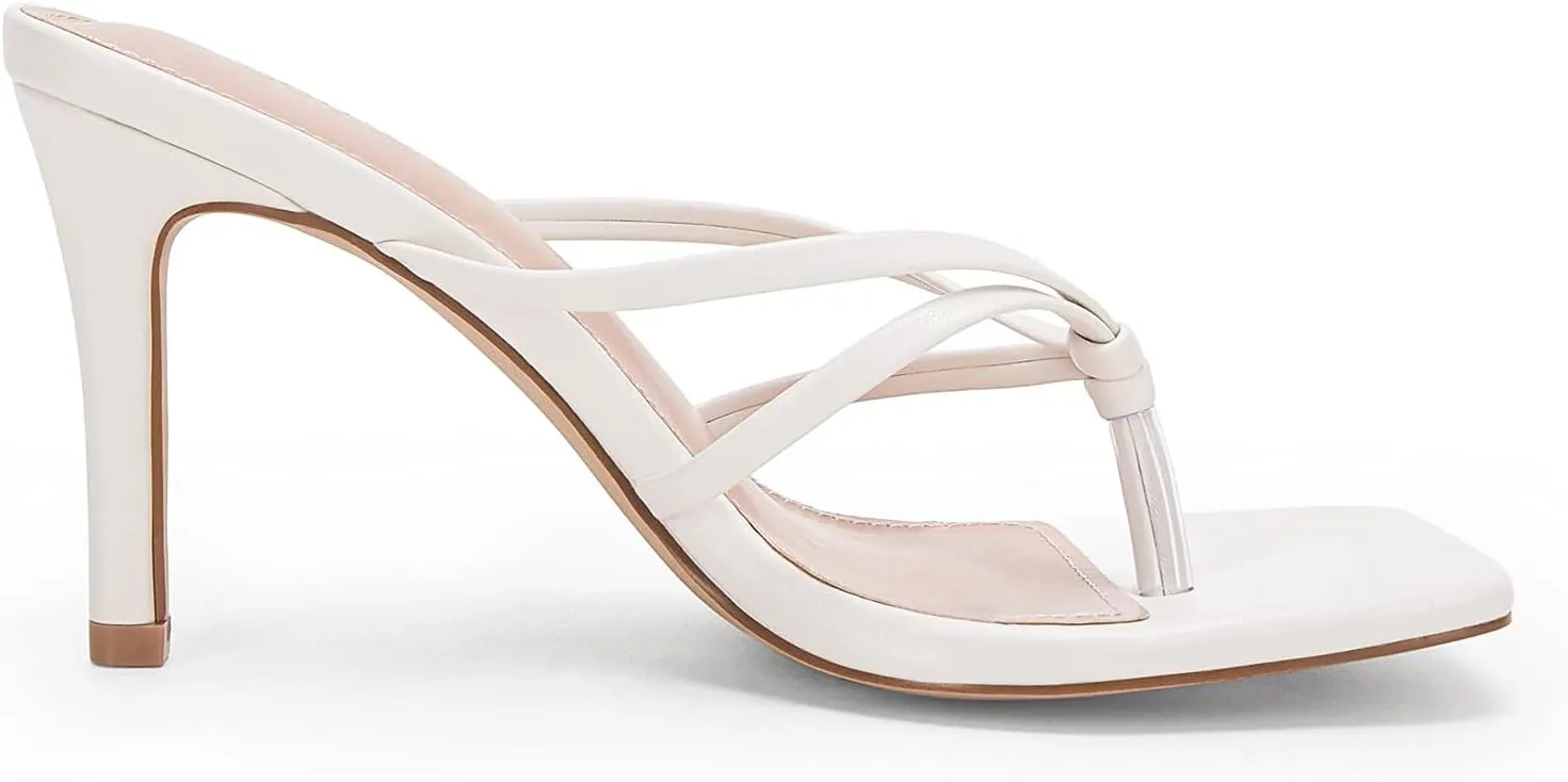 Coutgo Womens Heeded Sandals Strappy Square Toe Flip Flops Fashion Thong Slip On Stiletto Sandals