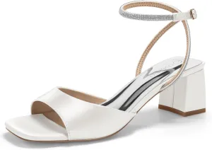 Coutgo Womens Heeled Sandals Rhinestone Chunky Low Heels Satin Square Toe One Strap Ankle Buckle Dress Shoes