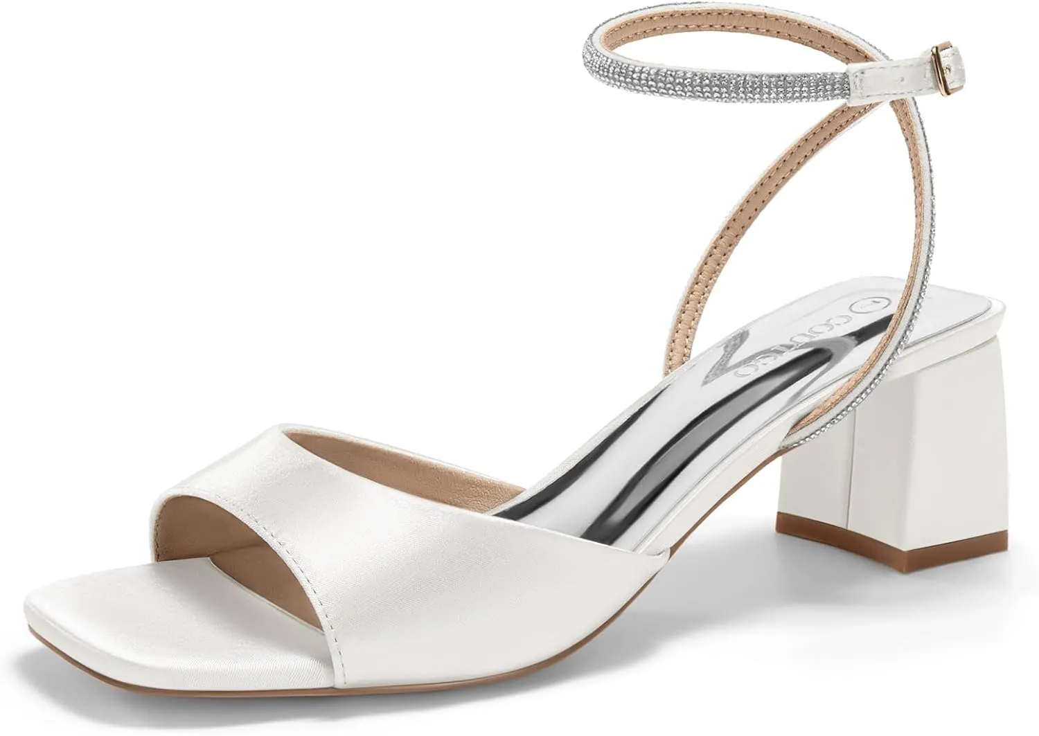 Coutgo Womens Heeled Sandals Rhinestone Chunky Low Heels Satin Square Toe One Strap Ankle Buckle Dress Shoes