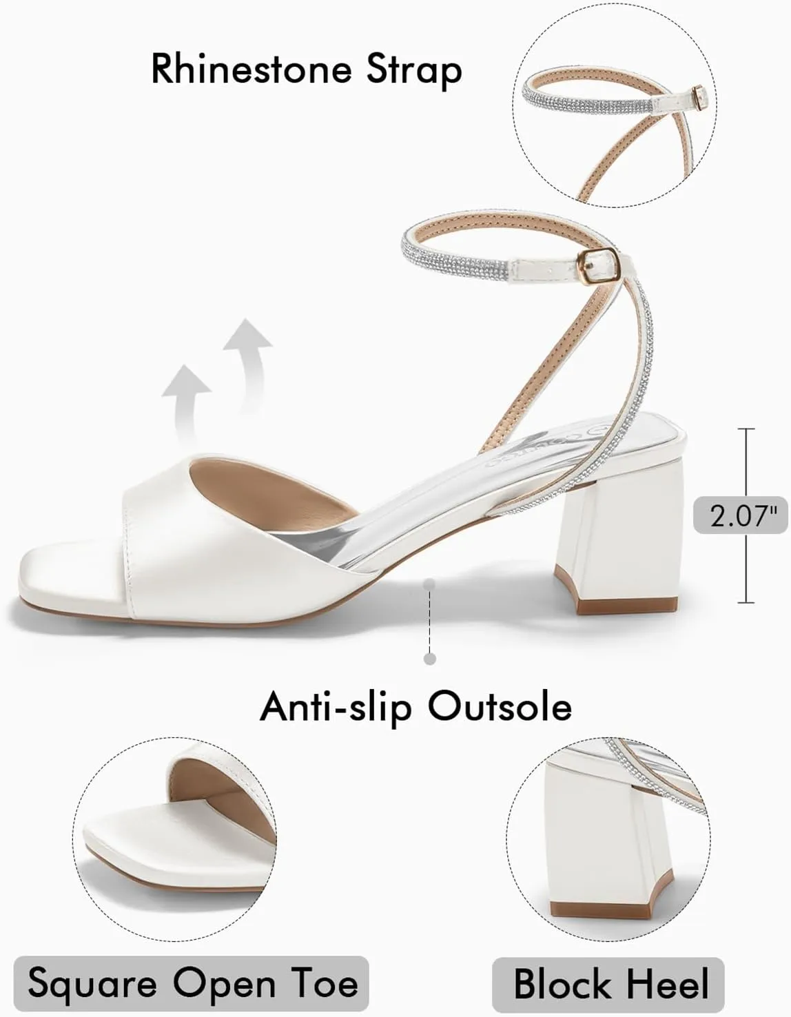 Coutgo Womens Heeled Sandals Rhinestone Chunky Low Heels Satin Square Toe One Strap Ankle Buckle Dress Shoes