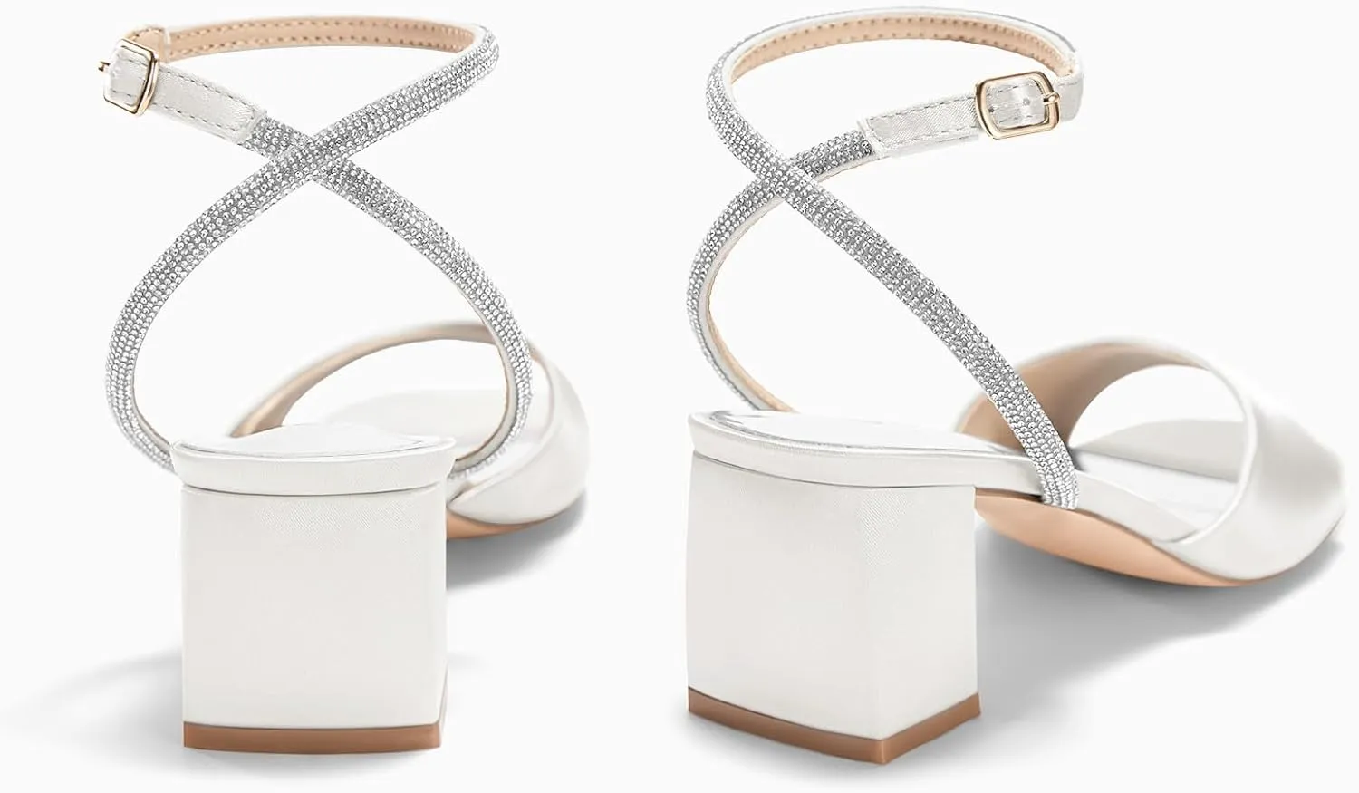Coutgo Womens Heeled Sandals Rhinestone Chunky Low Heels Satin Square Toe One Strap Ankle Buckle Dress Shoes