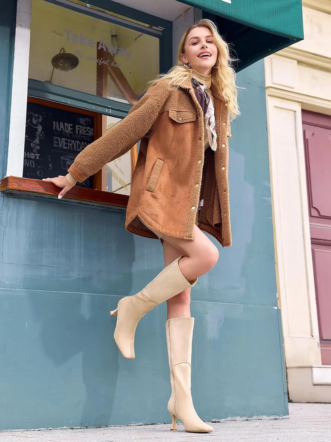 Coutgo Womens Kitten Heel Knee High Boots Wide Calf Square Toe Leather Boot Shoes with Zipper
