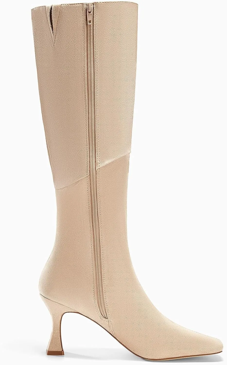 Coutgo Womens Kitten Heel Knee High Boots Wide Calf Square Toe Leather Boot Shoes with Zipper
