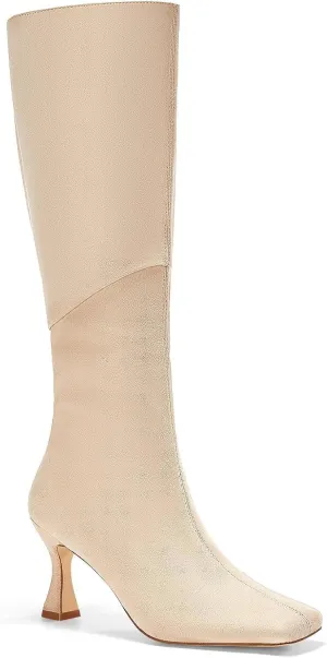 Coutgo Womens Kitten Heel Knee High Boots Wide Calf Square Toe Leather Boot Shoes with Zipper